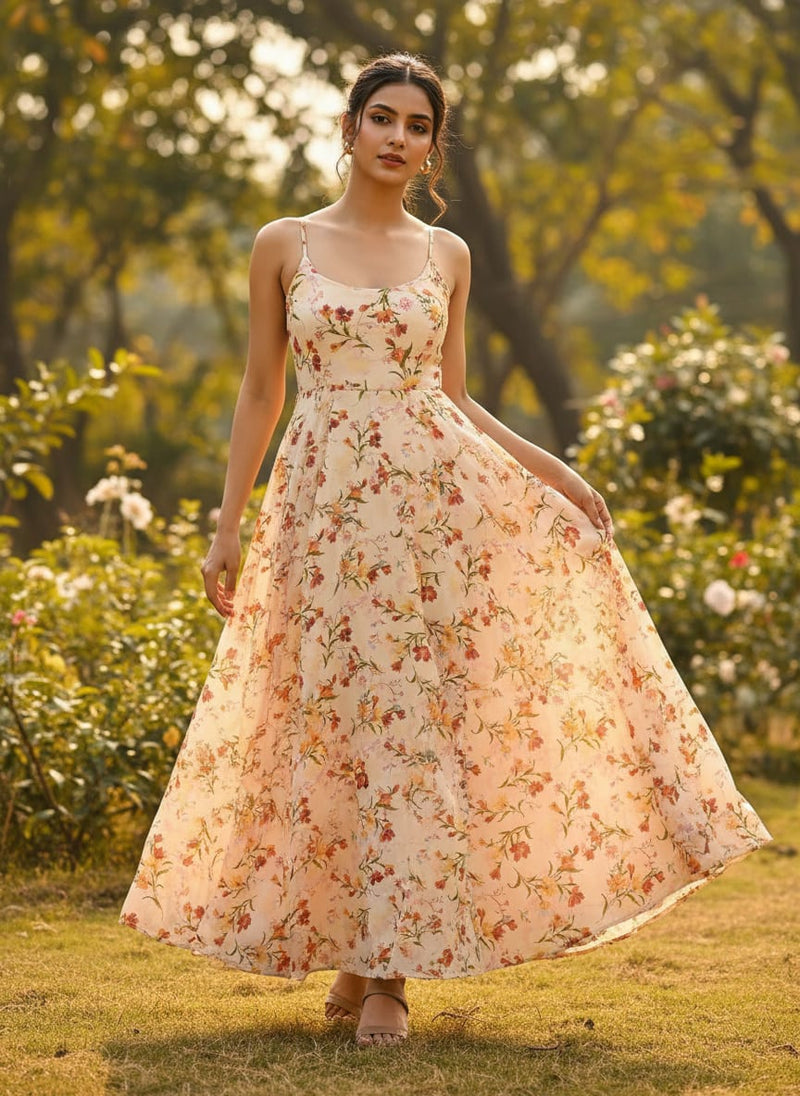 Beautiful Peach Calico Flowed Digital Printed Fabric - Pure Georgette