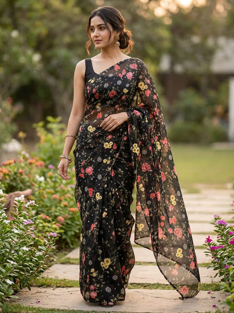 Black Ditsy Floral Vine and Dot Print Kora Silk Digital Printed Fabric