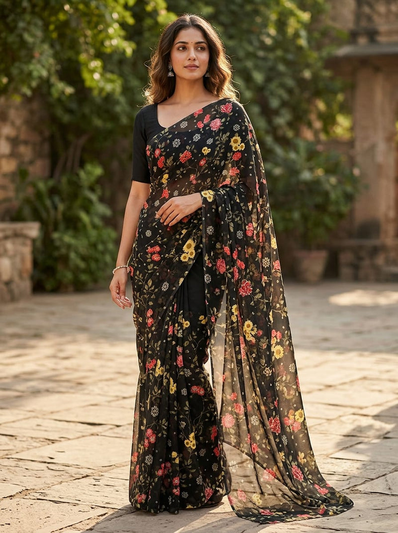 Black Ditsy Floral Vine and Buti Print Weightless Digital Printed Fabric
