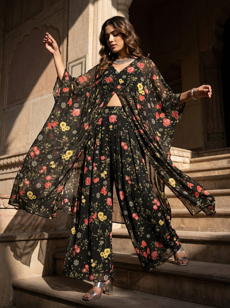 Black Ditsy Floral Vine and Buti Print Weightless Digital Printed Fabric