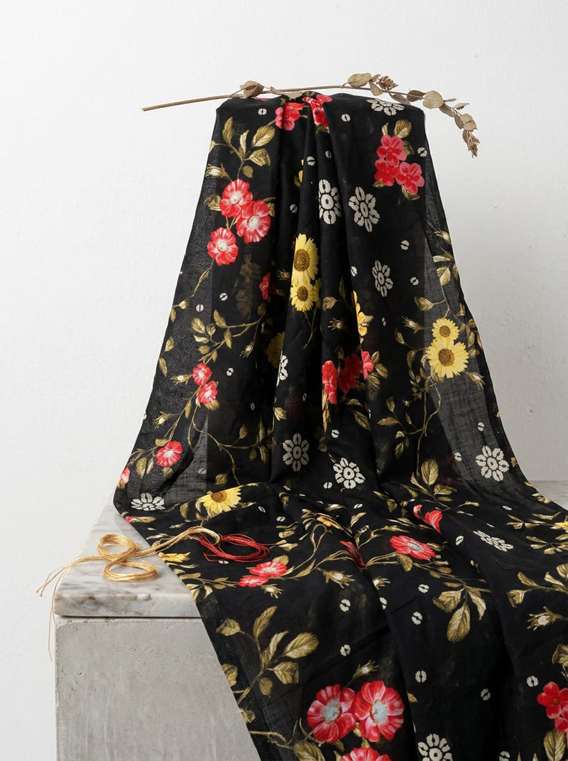 Black Trailing Floral and Bandhani Motif Pure Cotton Digital Printed Fabric
