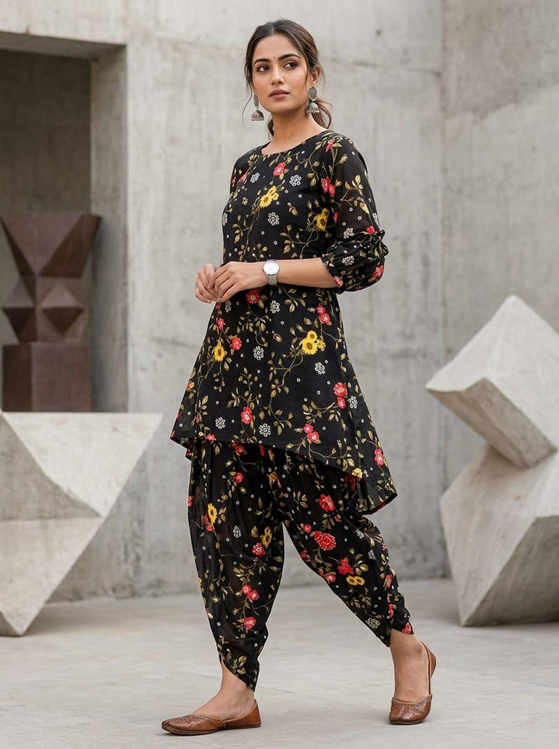 Black Trailing Floral and Bandhani Motif Pure Cotton Digital Printed Fabric
