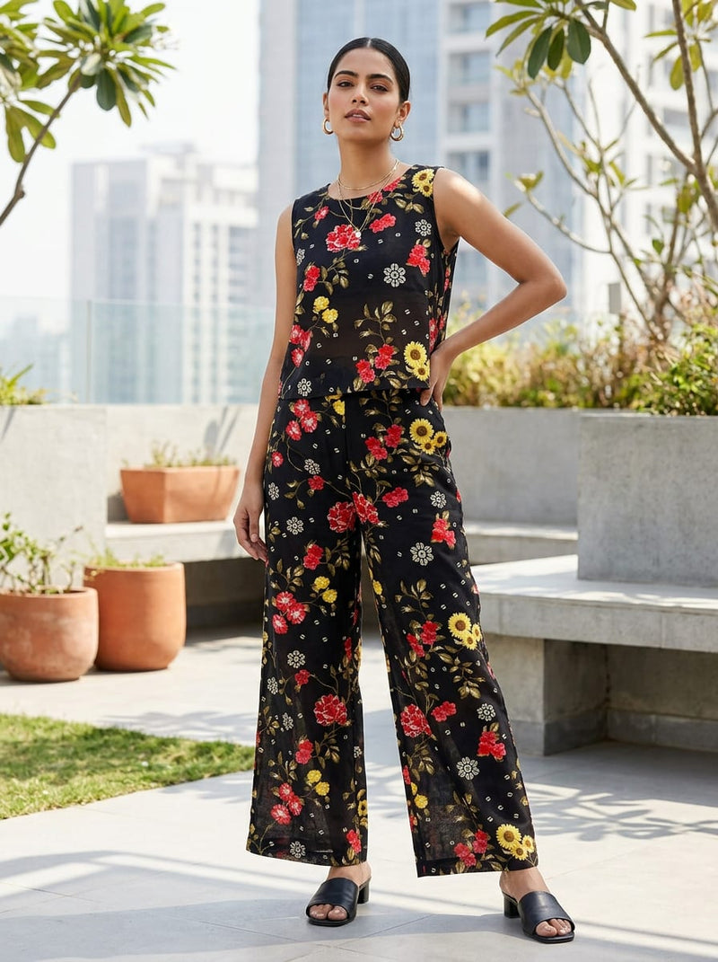Black Trailing Floral and Bandhani Motif Pure Cotton Digital Printed Fabric