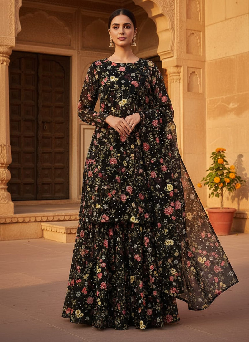Beautiful Calico Flower With Branch Digital Printed Fabric - Pure Georgette