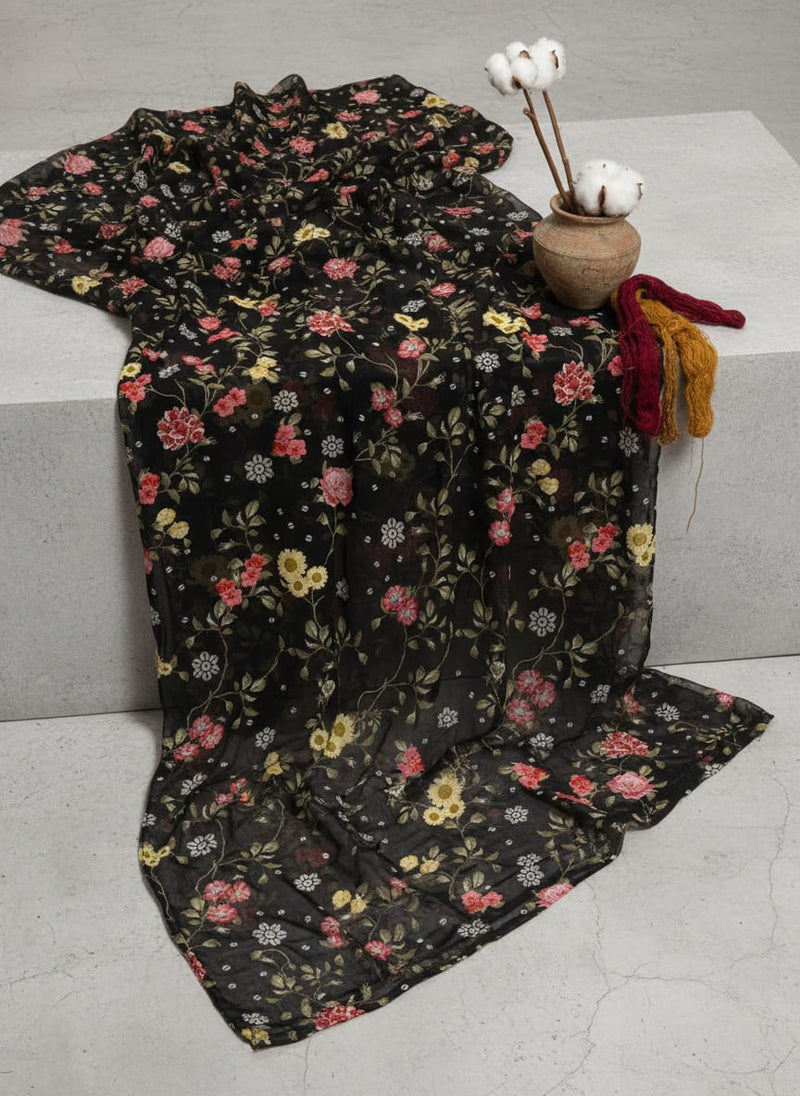 Beautiful Calico Flower With Branch Digital Printed Fabric - Pure Georgette