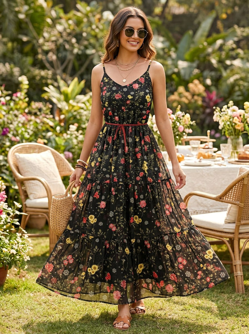 Black Ditsy Floral Vine Print Pure Georgette Digital Printed Fabric