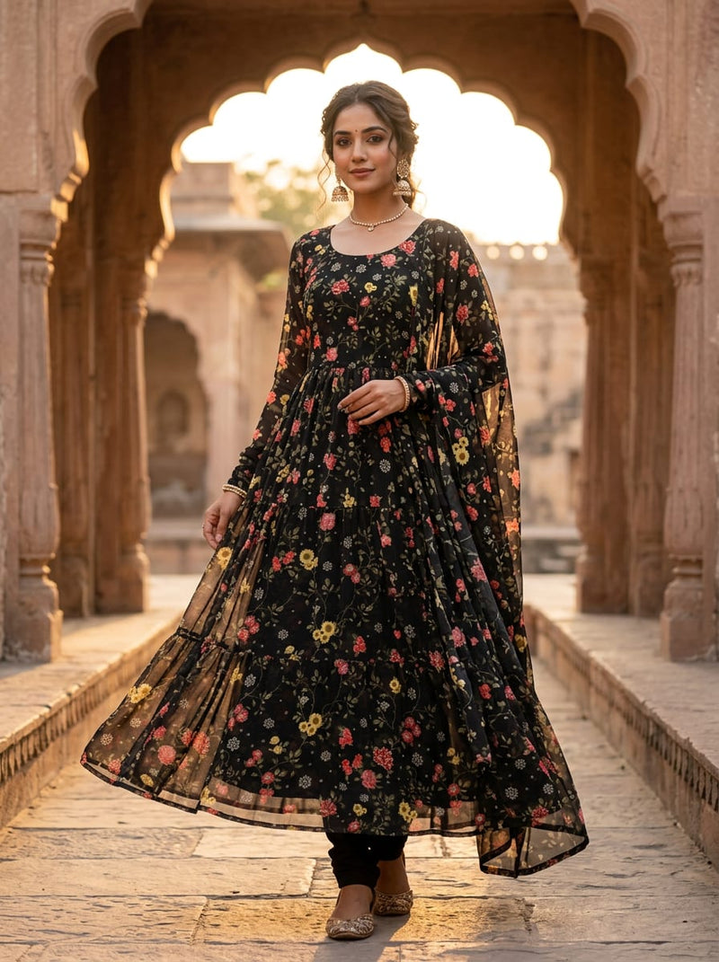 Black Ditsy Floral Vine Print Pure Georgette Digital Printed Fabric