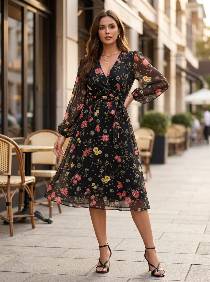 Black Ditsy Floral Vine Print Pure Georgette Digital Printed Fabric