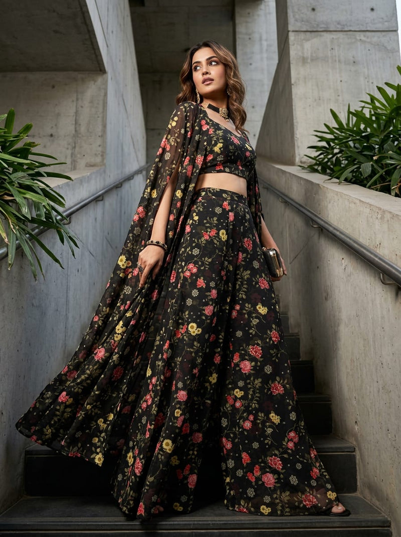 Black Ditsy Floral Vine Print Pure Georgette Digital Printed Fabric