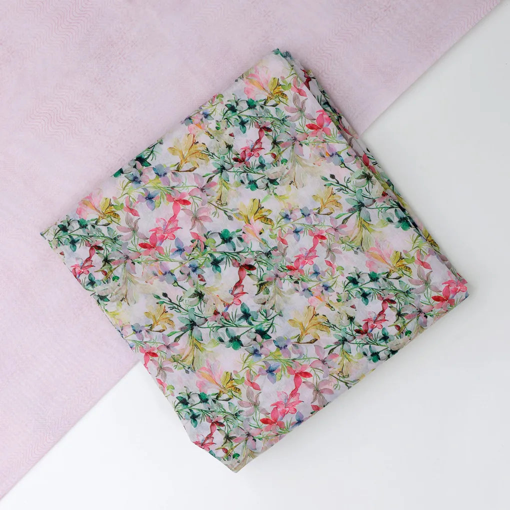 Chanderi Printed Fabric Set | 5 Meters | Multicolor Floral & Leaves – 70a0241copy2