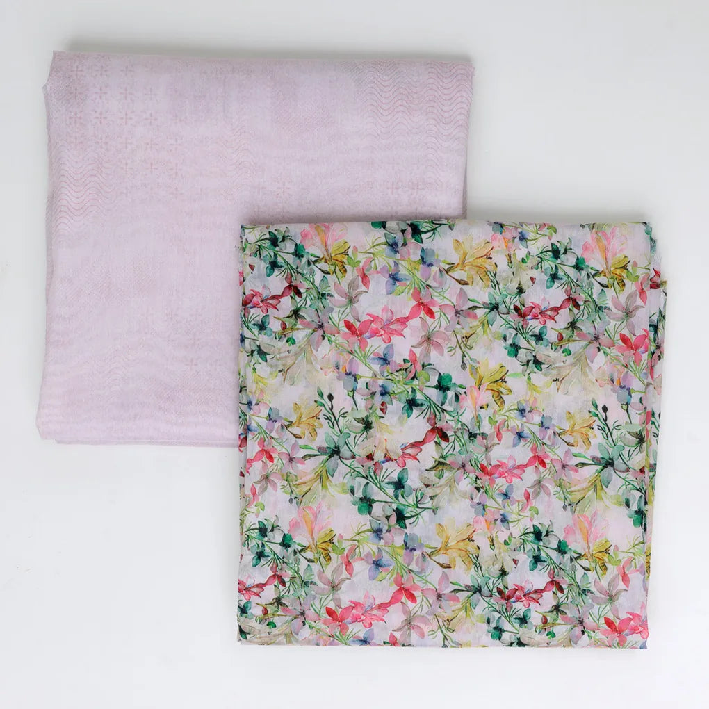 Chanderi Printed Fabric Set | 5 Meters | Multicolor Floral & Leaves – 70a0243copy2