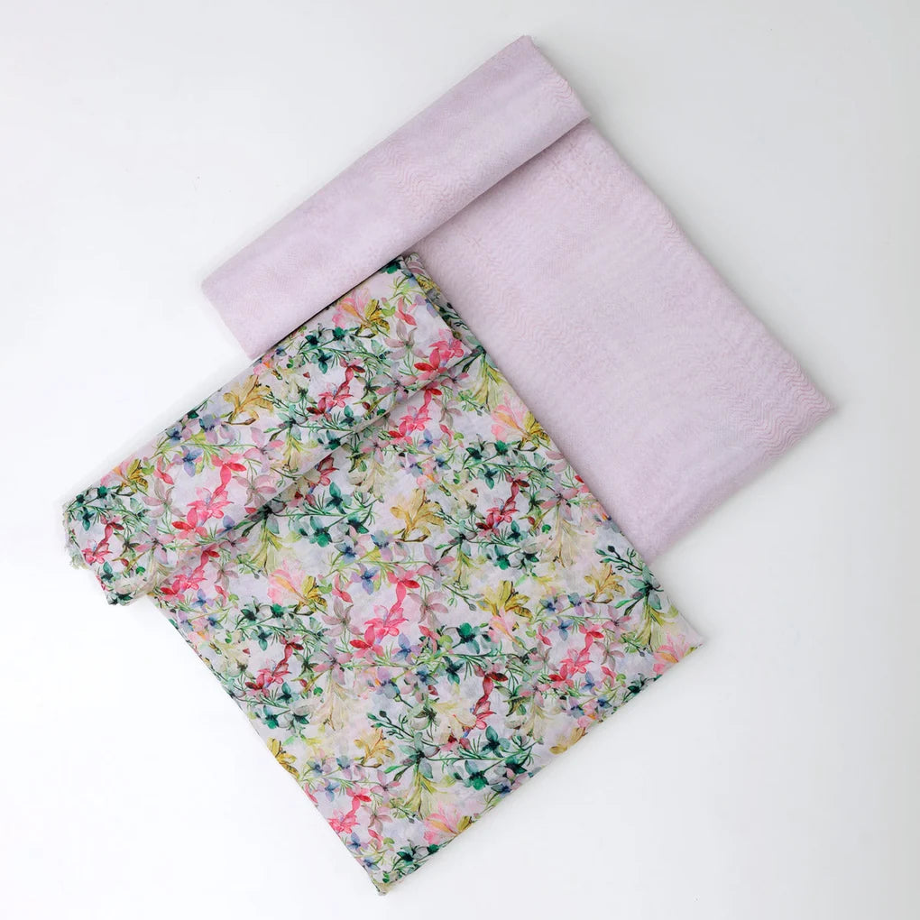 Chanderi Printed Fabric Set | 5 Meters | Multicolor Floral & Leaves – 70a0244copy2