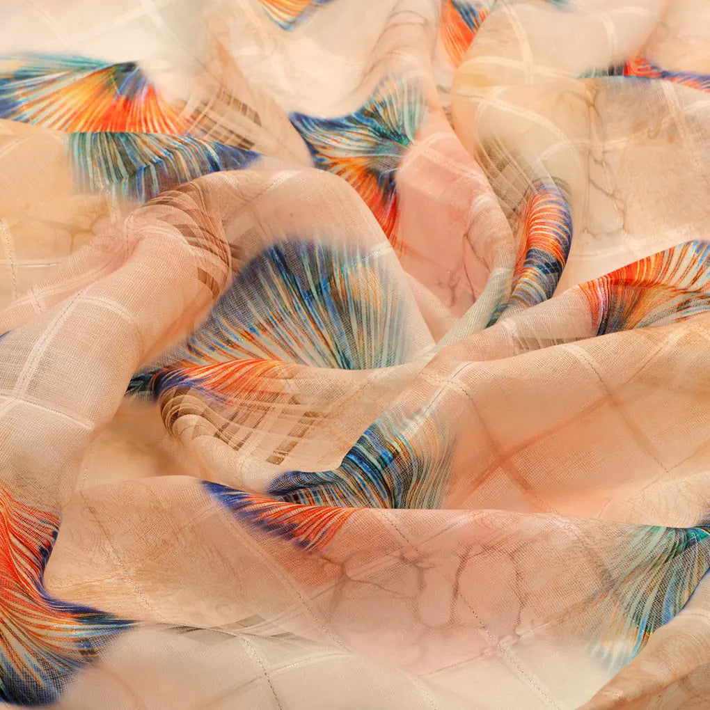 FAB VOGUE Studio Linen Digital Printed Fabric - Peach & Blue Feather – 70a0638copy2
