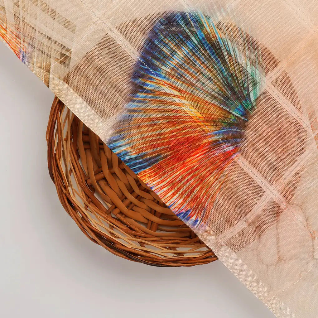 FAB VOGUE Studio Linen Digital Printed Fabric - Peach & Blue Feather – 70a0639copy2