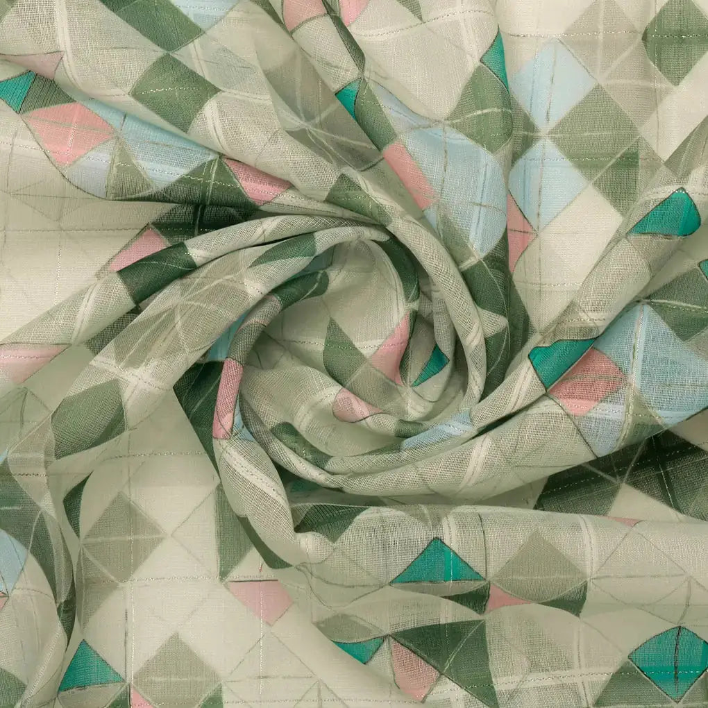 FAB VOGUE Studio Digital Printed Linen Fabric - Geometric Pattern, Green & Blue – 70a0683copy2