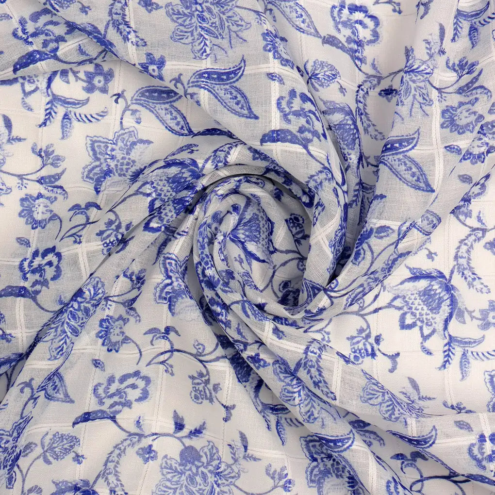 FAB VOGUE Studio Digital Printed Linen Fabric - Blue & White Floral – 70a0724copy2