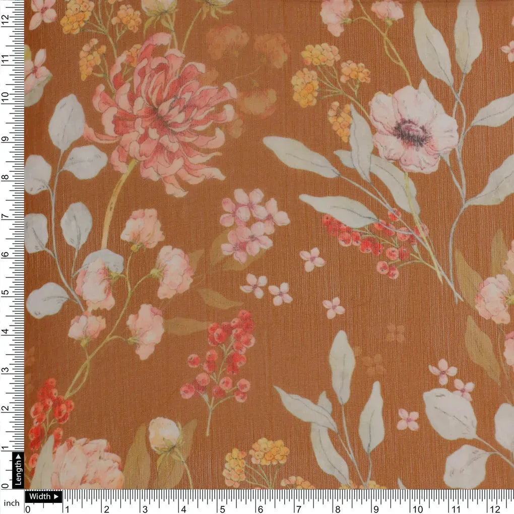FAB VOGUE Studio Digital Printed Brown Chiffon Fabric - Floral Design – 70a4372copy2