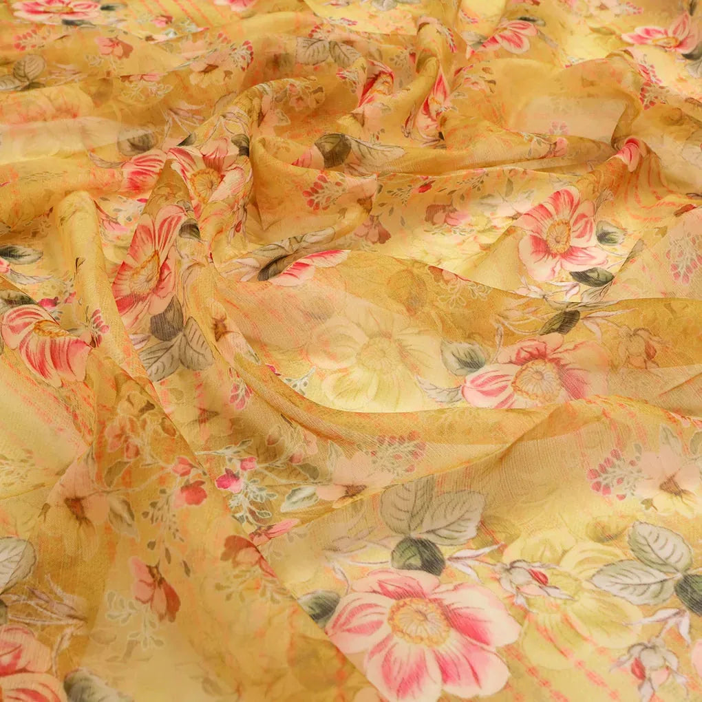 Buy Yellow Floral Chiffon Fabric | Digital Printed | FAB VOGUE Studio