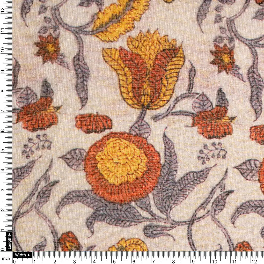 FAB VOGUE Studio Kota Doria Digital Printed Fabric - Beige & Orange Floral – 70a4424copy2