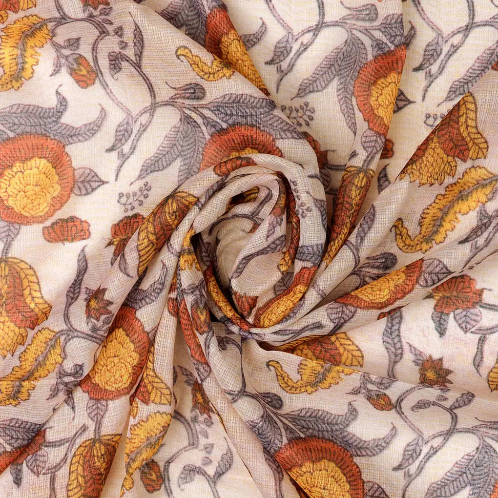 FAB VOGUE Studio Kota Doria Digital Printed Fabric - Beige & Orange Floral – 70a4425copy2