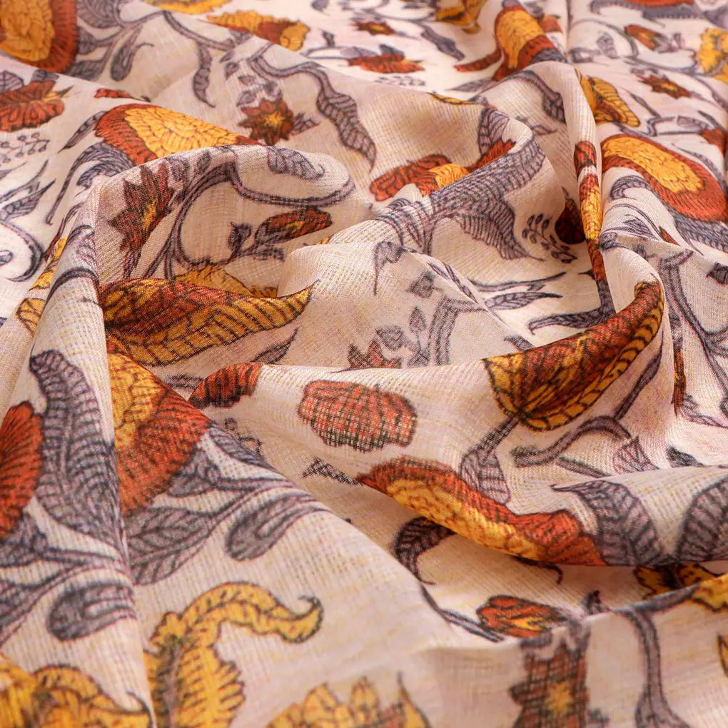 FAB VOGUE Studio Kota Doria Digital Printed Fabric - Beige & Orange Floral – 70a4426copy2