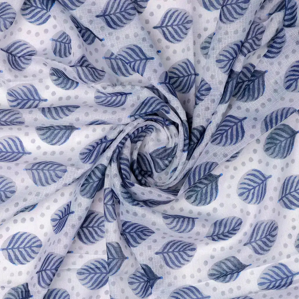 FAB VOGUE Studio - Kota Doria Digital Printed Polyester Fabric - White with Blue Leaves – 70a4436copy2