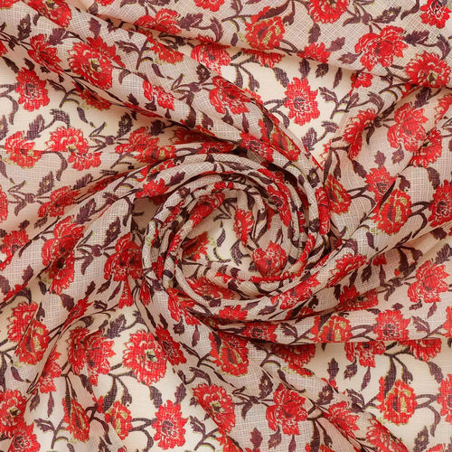 FAB VOGUE Studio -  Kota Doria Digital Printed  Polyester Fabric (Red Floral) - Sold by Meter – 70a4441copy2