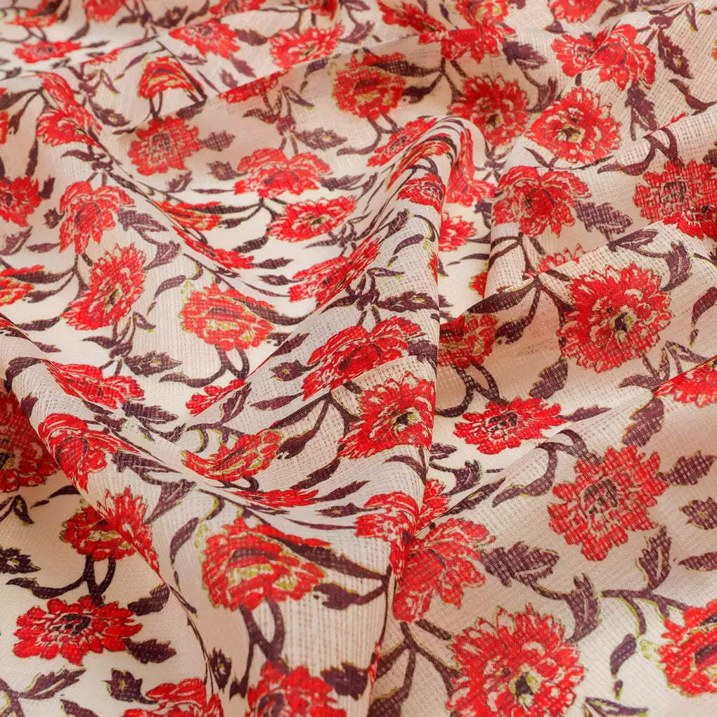 FAB VOGUE Studio -  Kota Doria Digital Printed  Polyester Fabric (Red Floral) - Sold by Meter – 70a4442copy2