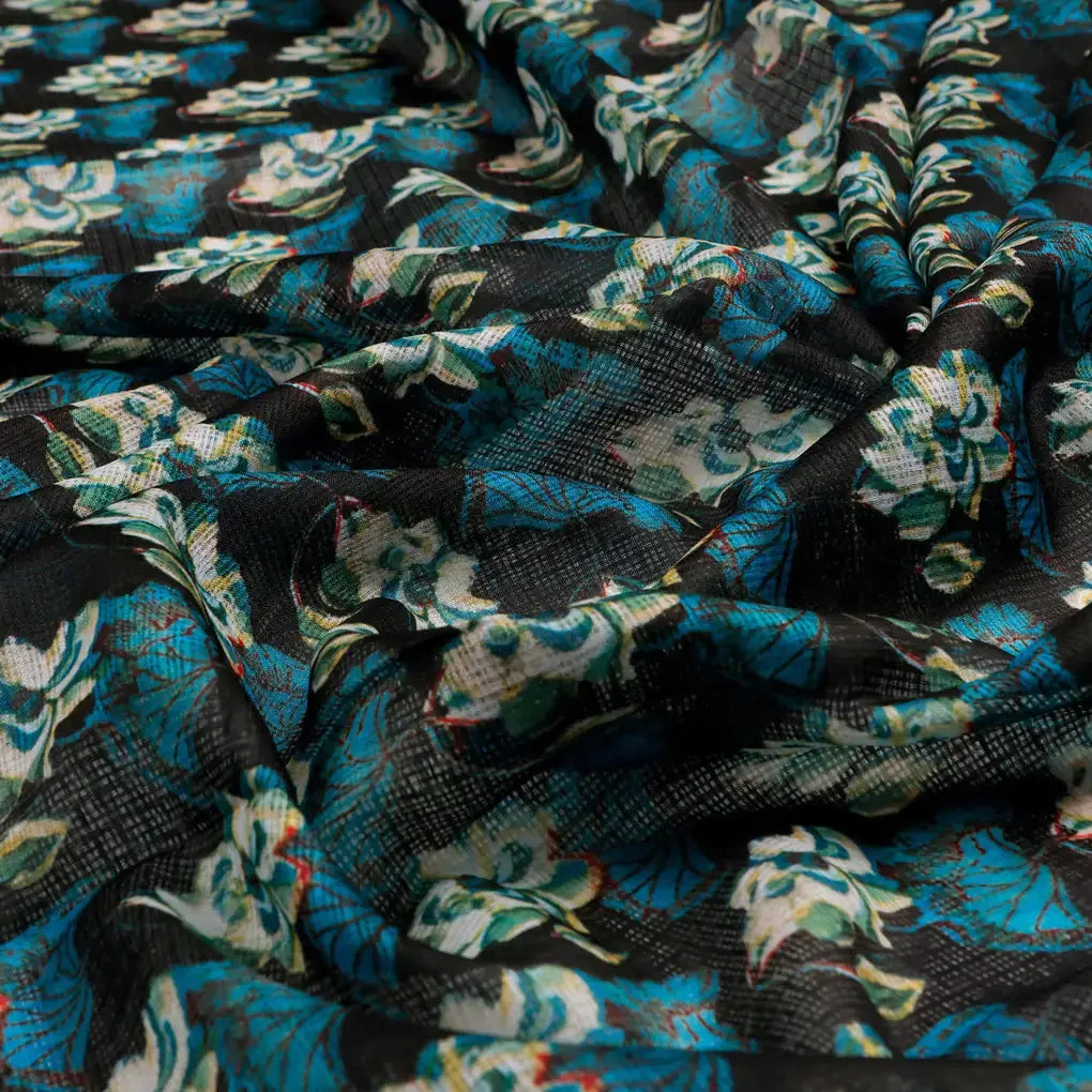 FAB VOGUE Studio Digital Printed Kota Doria Fabric - Blue Floral – 70a4448copy2