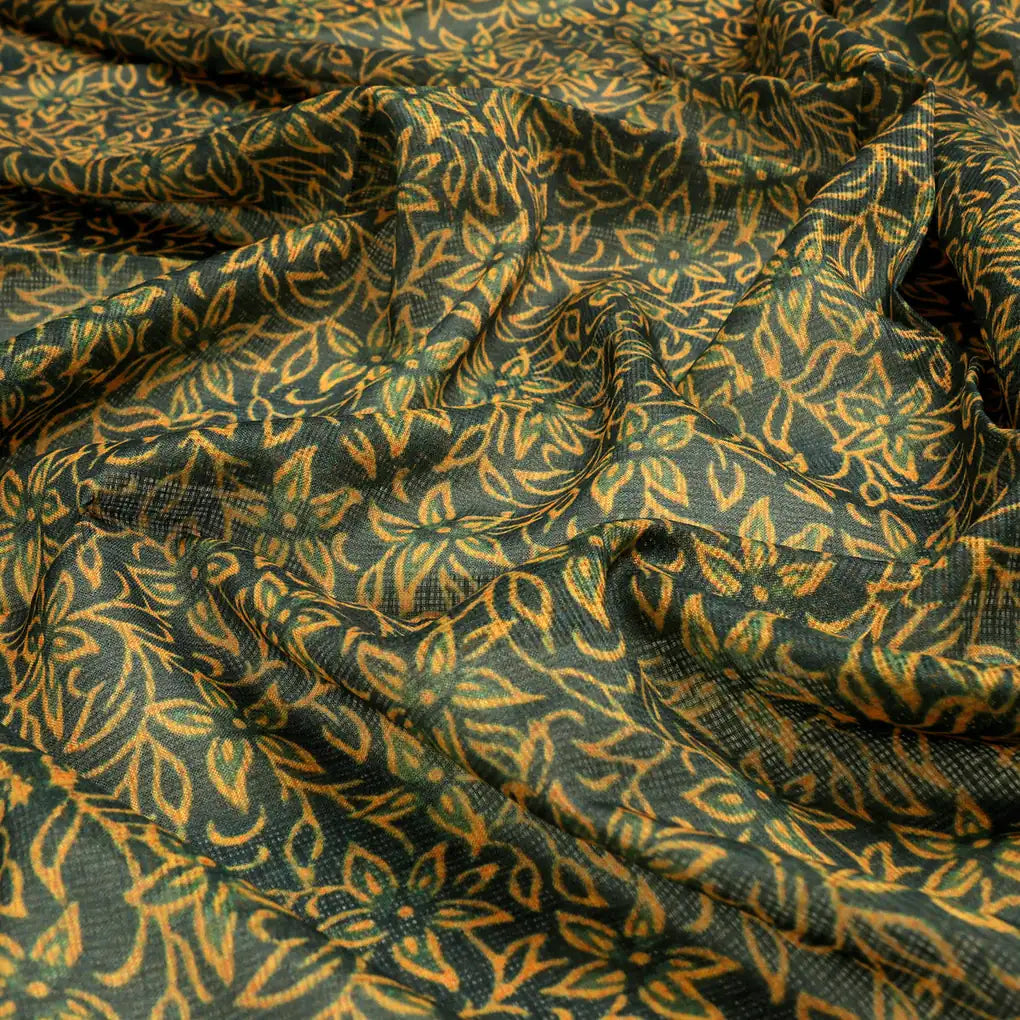 FAB VOGUE Studio Digital Printed Kota Doria Fabric - Floral,  Green & Gold – 70a4460copy2