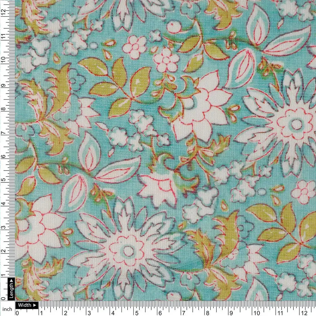 FAB VOGUE Studio Kota Doria Digital Printed Fabric - Turquoise Floral – 70a4464copy2