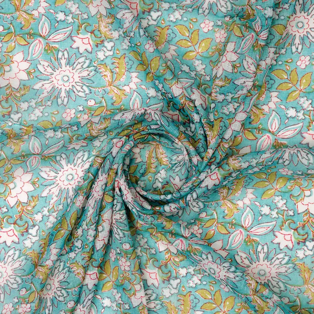 FAB VOGUE Studio Kota Doria Digital Printed Fabric - Turquoise Floral – 70a4465copy2