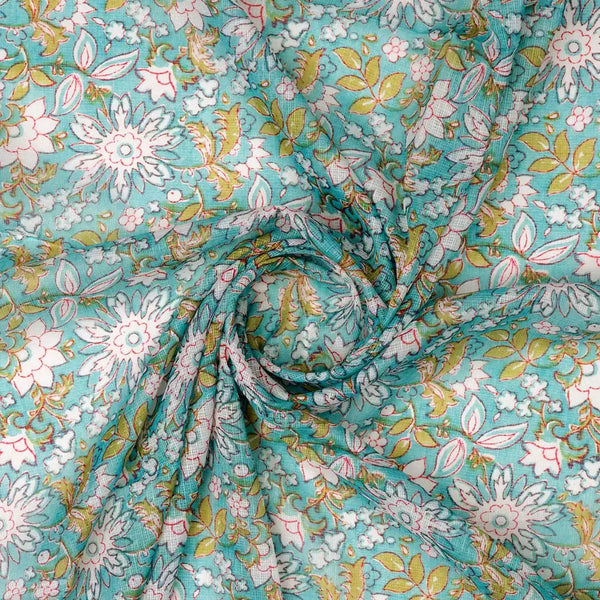 FAB VOGUE Studio Kota Doria Digital Printed Fabric - Turquoise Floral – 70a4465copy2