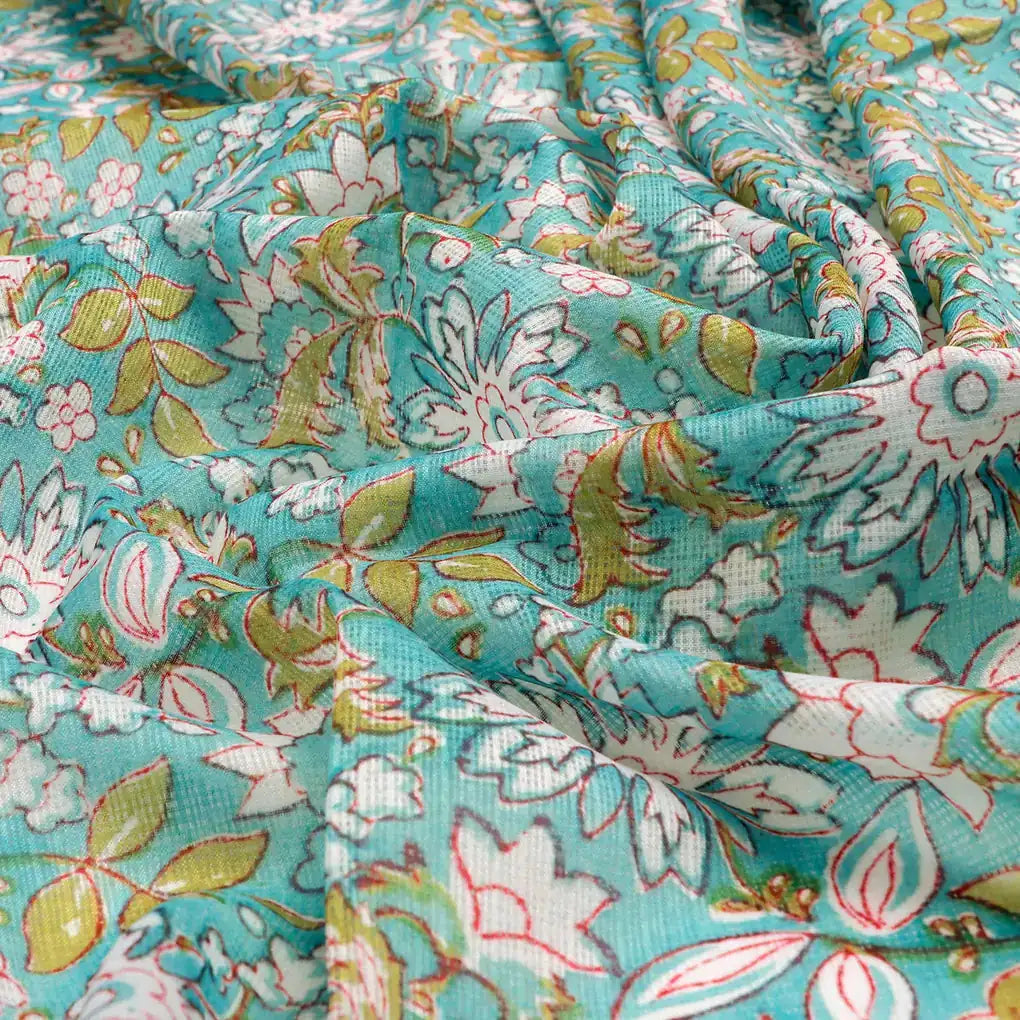 FAB VOGUE Studio Kota Doria Digital Printed Fabric - Turquoise Floral – 70a4467copy2