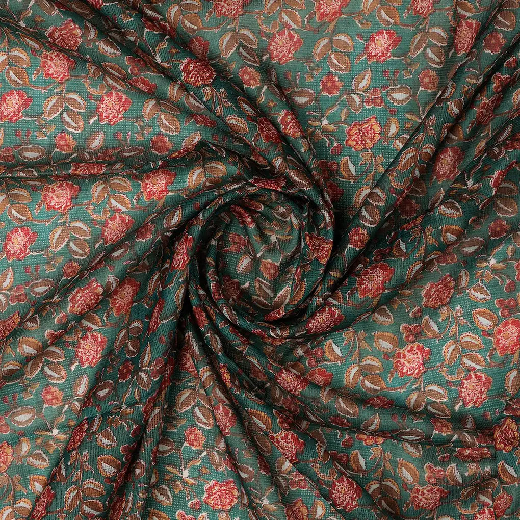 FAB VOGUE Studio Kota Doria Digital Printed Polyester Fabric - Green Floral – 70a4482copy2