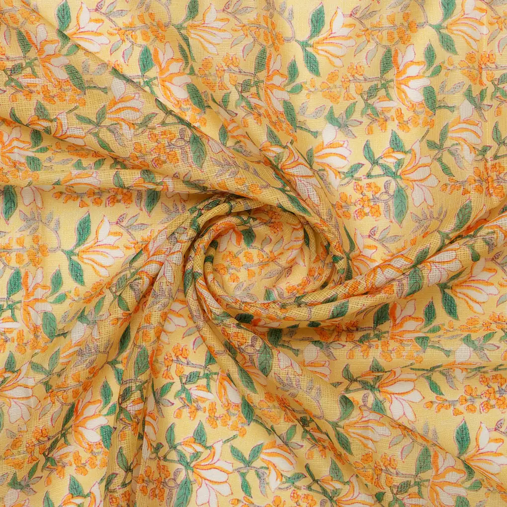 FAB VOGUE Studio Yellow Floral Digital Printed Kota Doria Fabric -  Polyester, 43 Inch – 70a4512copy2