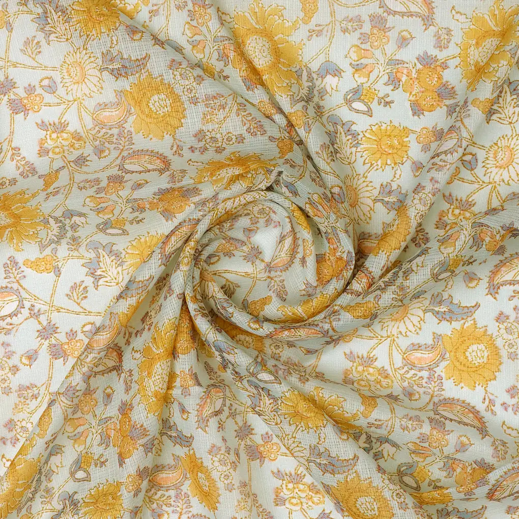 FAB VOGUE Studio Digital Printed Kota Doria Fabric - Yellow Floral Print – 70a4532copy2