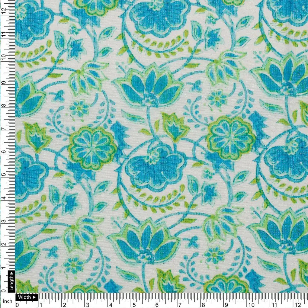 FAB VOGUE Studio Digital Printed Kota Doria Fabric -  Floral Blue & Green – 70a4548copy2