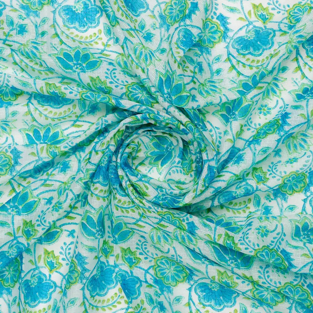 FAB VOGUE Studio Digital Printed Kota Doria Fabric -  Floral Blue & Green – 70a4549copy2