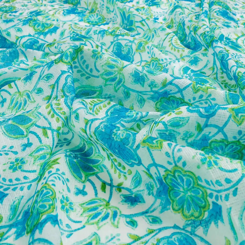 FAB VOGUE Studio Digital Printed Kota Doria Fabric -  Floral Blue & Green – 70a4550copy2