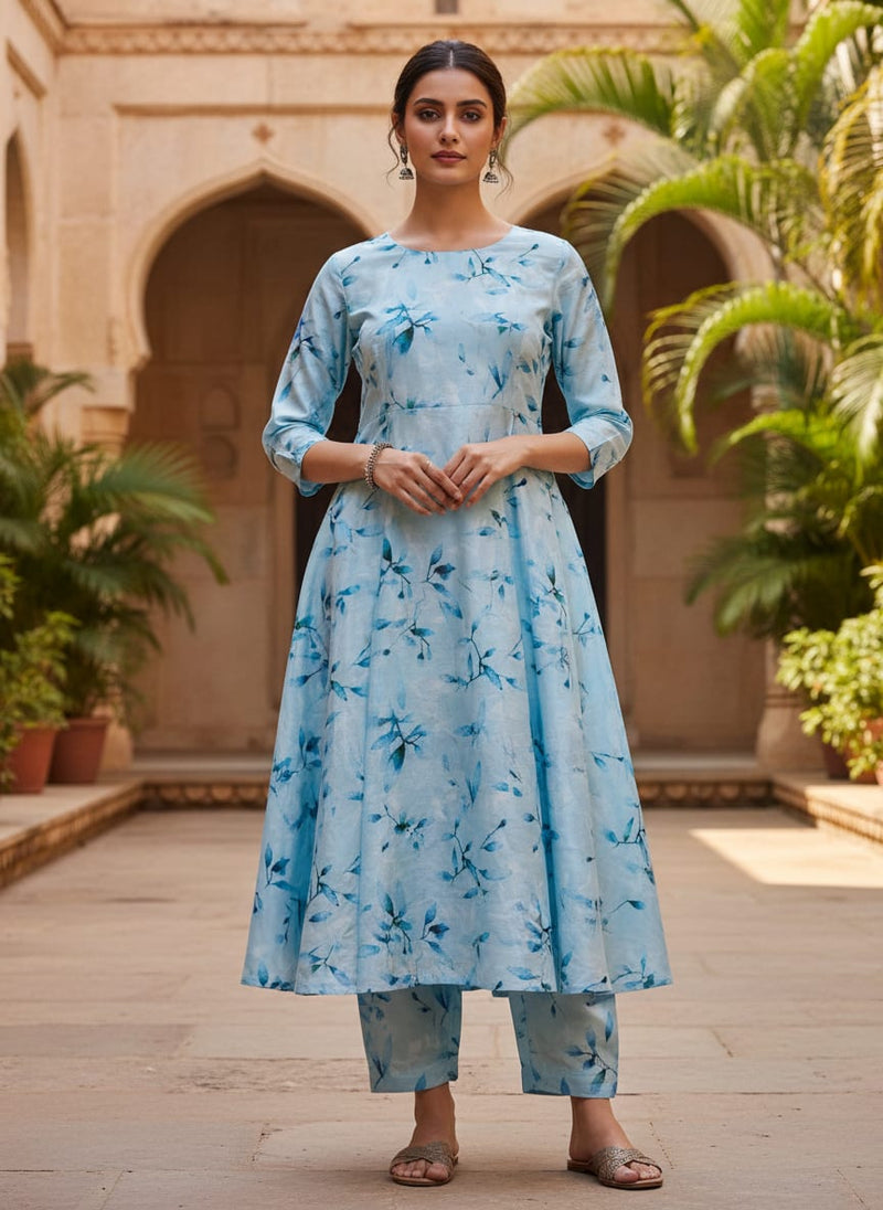 Attractive Sky Blue Leaves Digital Printed Fabric - Kora Silk
