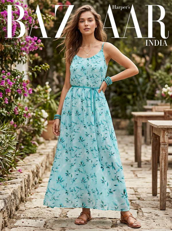 Blue Watercolor Botanical Leaf Print Muslin Digital Printed Fabric - Flowy Maxi Dress Lookbook - MU-0-TA05861P5-110 - alternate view