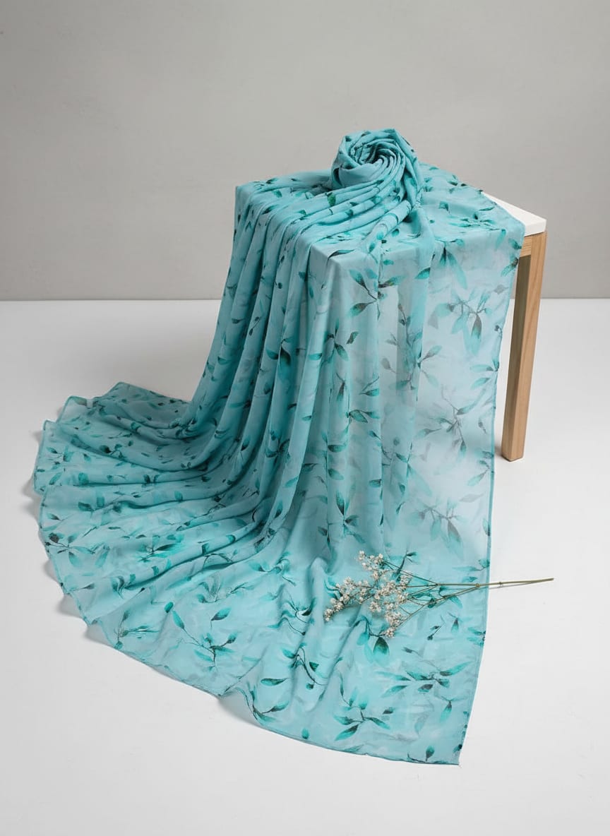 Attractive Sky Blue Leaves Digital Printed Fabric - Pure Georgette