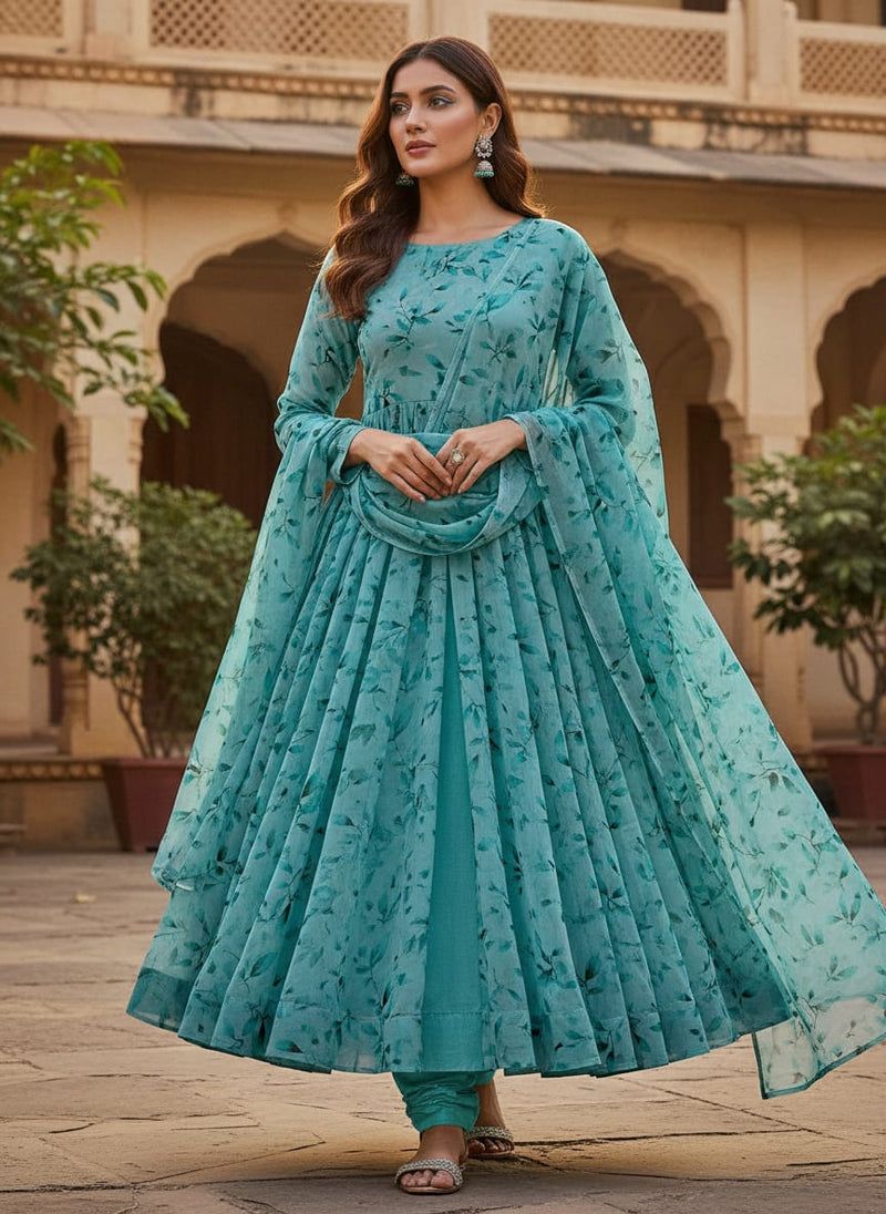 Attractive Sky Blue Leaves Digital Printed Fabric - Pure Georgette