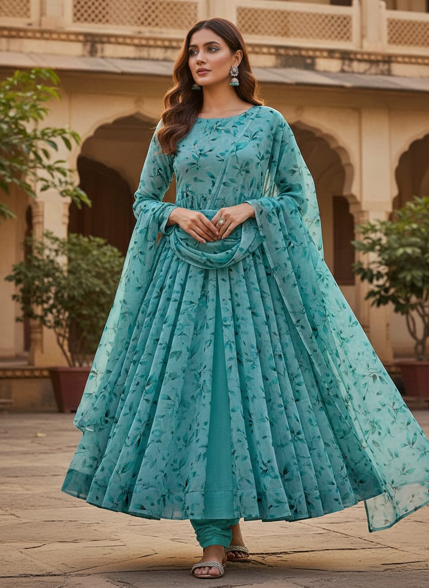 Attractive Sky Blue Leaves Digital Printed Fabric - Pure Georgette