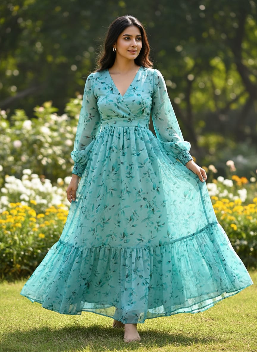Attractive Sky Blue Leaves Digital Printed Fabric - Pure Georgette