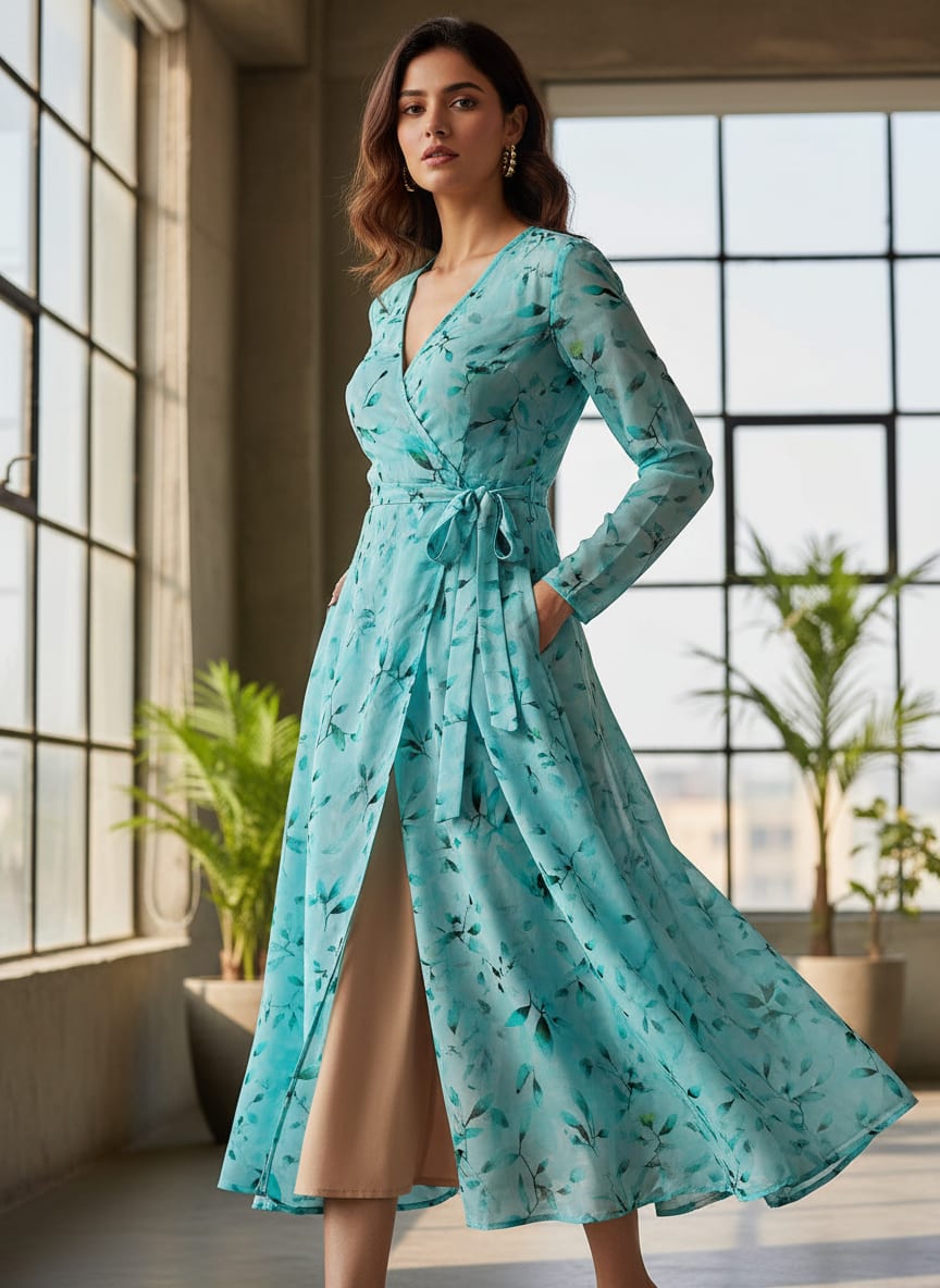 Attractive Sky Blue Leaves Digital Printed Fabric - Pure Georgette