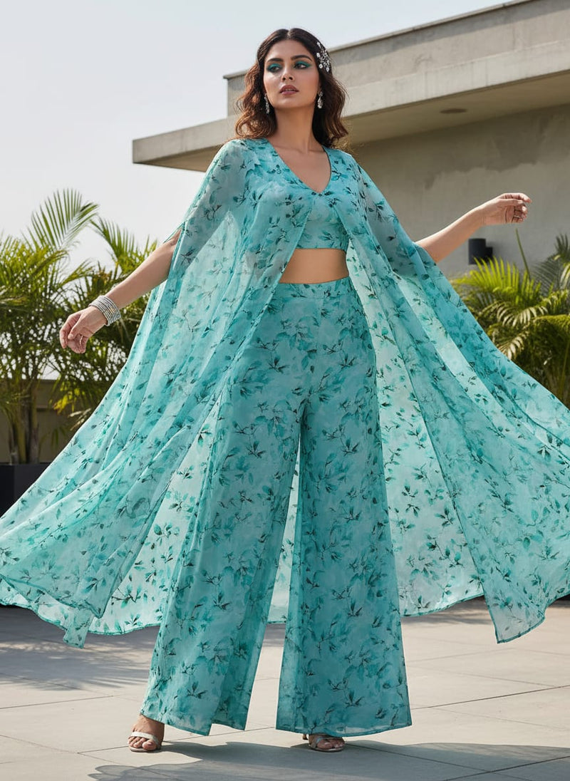 Attractive Sky Blue Leaves Digital Printed Fabric - Pure Georgette