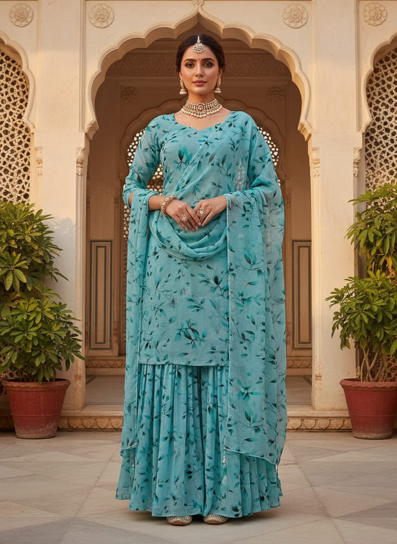 Attractive Sky Blue Leaves Digital Printed Fabric - Pure Georgette