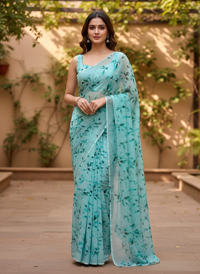 Attractive Sky Blue Leaves Digital Printed Fabric - Pure Georgette